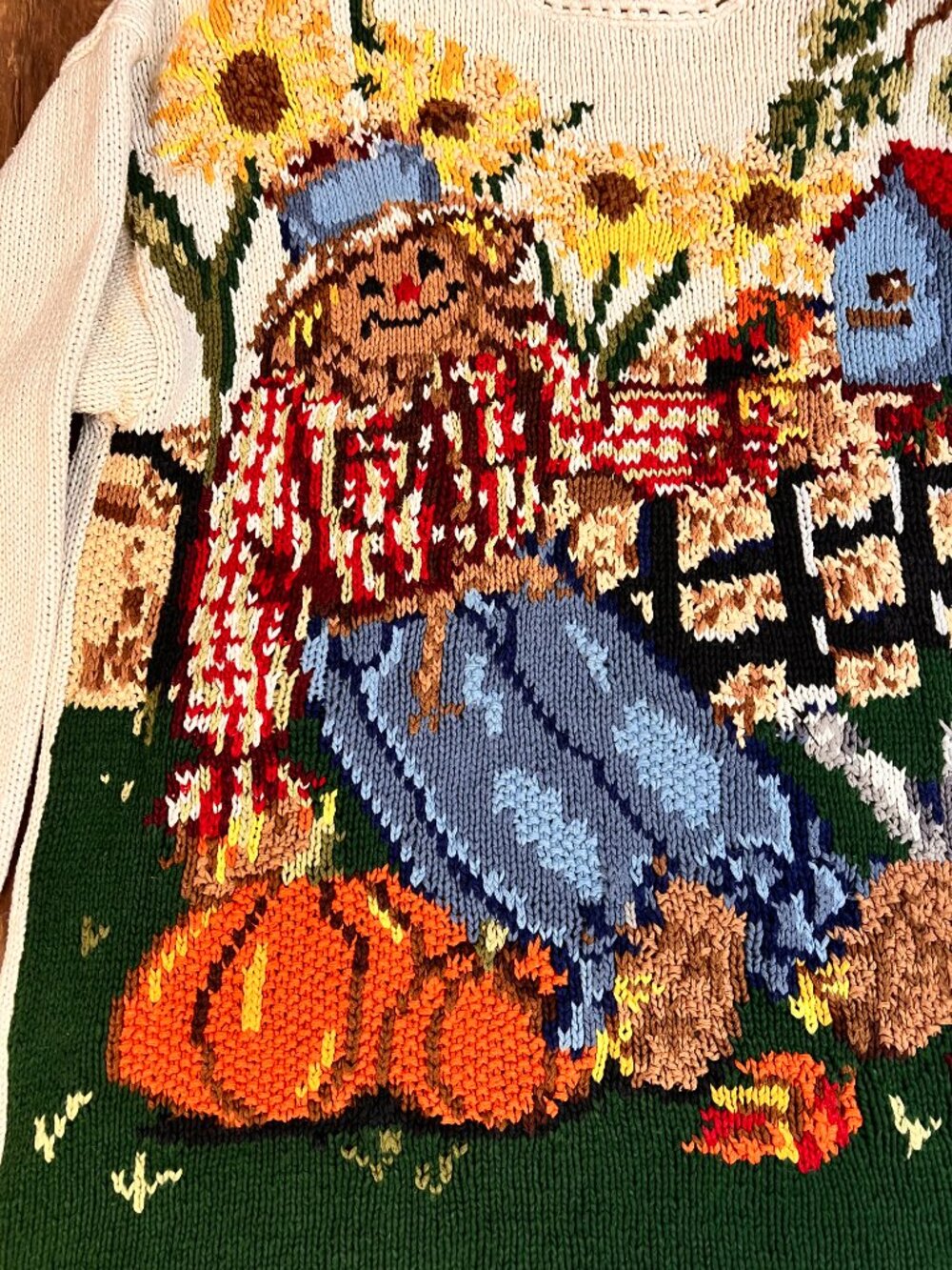 Vintage 90s Fall Pumpkin Scarecrow Halloween HandKnit Sweater Sz 22/24